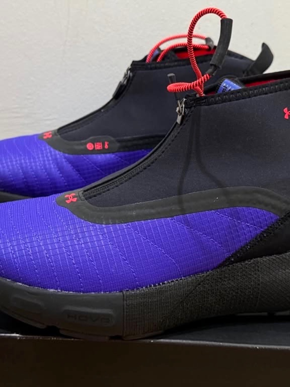 Under Armour Men’s Purple and Black HOVR Ankle-High Sneakers with Red Accents